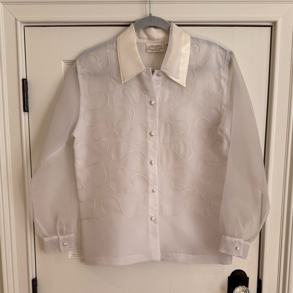 Susan Bristol | Vintage 80s White Sheer Blouse Embroidered Button Front Top | 4